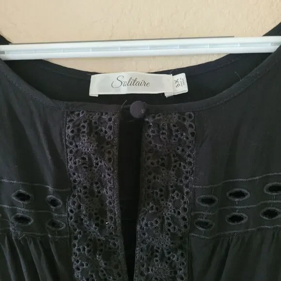 Solitaire Peasant Black Top Tunic Womens 3x Bohemian Kimono Sleeve Eyelet Boho - Picture 2 of 7